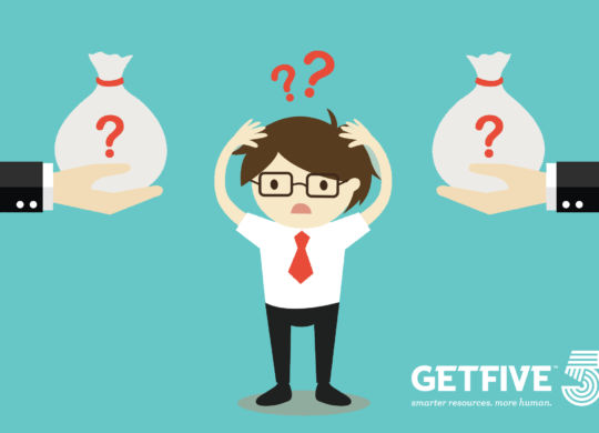 Business concept, Businessman confuses between two choices of money. Vector illustration.