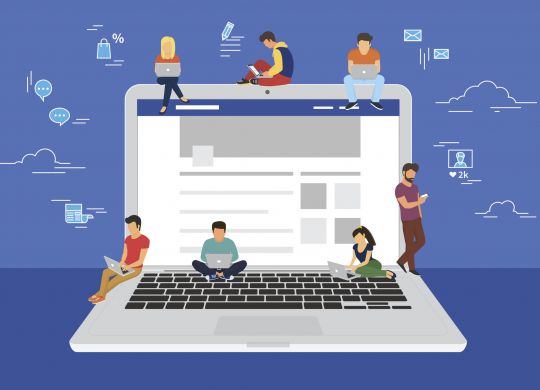 Social network web site surfing concept illustration of young people using mobile gadgets such as smarthone, tablet and laptop to be a part of online community. Flat guys and women on big notebook with symbols